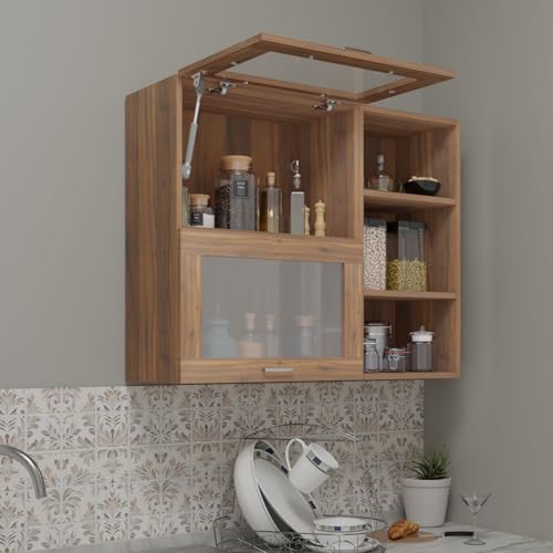Image of VIKI Furniture Modular Kitchen Wall Cabinet with Acrylic Glass Flip-Up Gas Spring Door, Space Saving Spice Rack & Storage Unit, 30 x 120 x 80 cm, Walnut, 1 Year Warranty