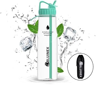 BLUINEX Green 1L water Bottle with Straw, BPA Free Sports Bottle with Time Markings, Leakproof Water Bottles for Men & Women, Motivational Water Bottles perfect for Gym, Office, Cycling & Jogging