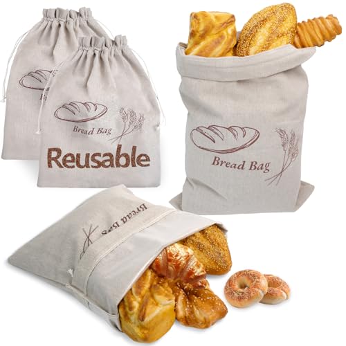 Reusable Linen Bread Bags for Homemade Bread Sourdough with Lnner Lining, Plastic Lined Breads Bag to Keep Fresh,2 Pack 12.8 x17.8 Inch, Cloth Saver Bag For Sourdough, Homemade Storage Plastic Linen