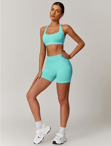 Image of ABOCIW Workout Sets for Women 2 Piece seamless Halter Sports Bra Scrunch Butt Impact Shorts Gym Yoga Outfits