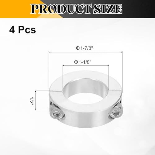 QUARKZMAN 4 Stück Wellenklemme, 1-1/8 Bohrung 1-7/8 AD 1/2 Dicke Doppelt Geteilte Stellringe, Aluminium Wellenkragen mit Stellschrauben, Silber