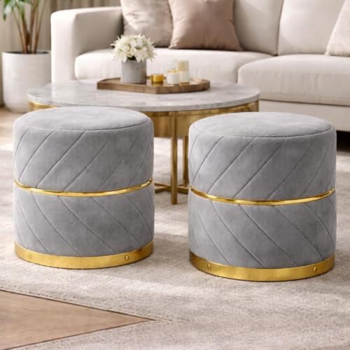 Image of Premium Velvet Puffy Ottoman Stool for Living Room | Round Footrest with Diagonal Channel Stitching & Gold Metal Base | Luxury Pouffe for Bedroom & Dressing Area (Set of 2 Light Grey)