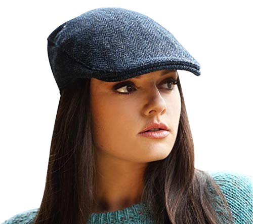 Hanna Hats of Donegal Touring Cap Irish Flat Cap for Men's Driving Cap Made in Ireland 100% Wool Tweed (Classic Blue & Black Herringbone - Harris Scottish Tweed, Large)