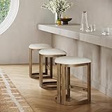 Nathan James Veya Modern Backless Bar Stool, Barrel Bar Stool with Boucle Upholstery and Solid Wood Legs, Light Brown Set of 3