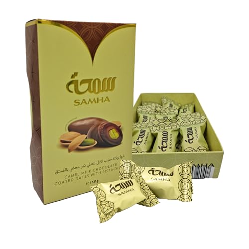 Samha Camel Milk Dubai Chocolate Covered Dates with Pistachios, 150g Box
