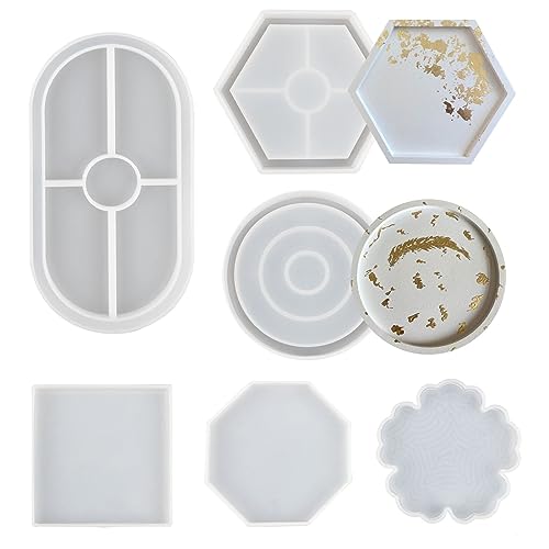 MIYUANGKJ 6 pcs Resin Tray Mould Silicone Moulds for Resin Casting Round Square Oval Hexagon Epoxy Resin Casting Molds for Coaster Resin Tea Tray Making for DIY Xmas Ornament Craft
