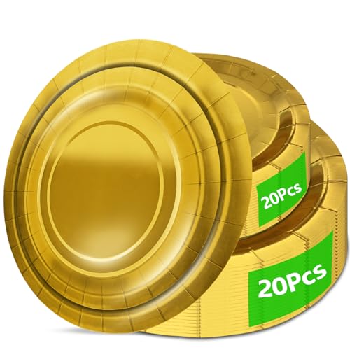 40Pcs Disposable Paper Plates Gold Including 20pcs 9 and 20pcs 7 Plates Strong and Sturdy Disposable Plates for Party Dinner Holiday Picnic Birthday Party Dinner Table Wedding