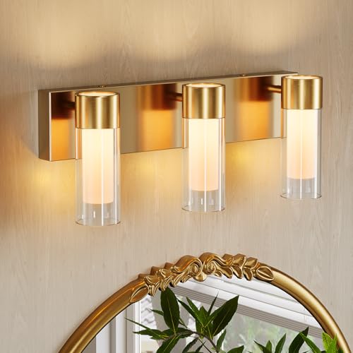 Image of Tribesigns LED Bathroom Light Fixtures, 3-Light Vanity Lights Over Mirror, Wall Lights with 3 Color Modes & Gold Finish, Wall Sconces with Clear Glass Shades for Bathroom Hallway Bedroom