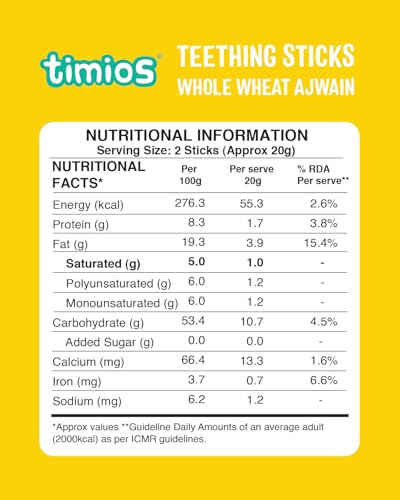 Image of Timios Organic Teething Sticks - Whole Wheat & Ajwain, 150g, Healthy, Tasty & Preservative-Free Baby Snack, Soothes Gums, Promotes Self-Feeding