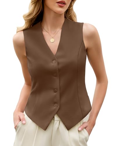 CHANGEOWN V Neck Vest Tops for Women Sleeveless Button Down Business Casual Summer Vest Fitted Waistcoat Suit Vest (Brown S)