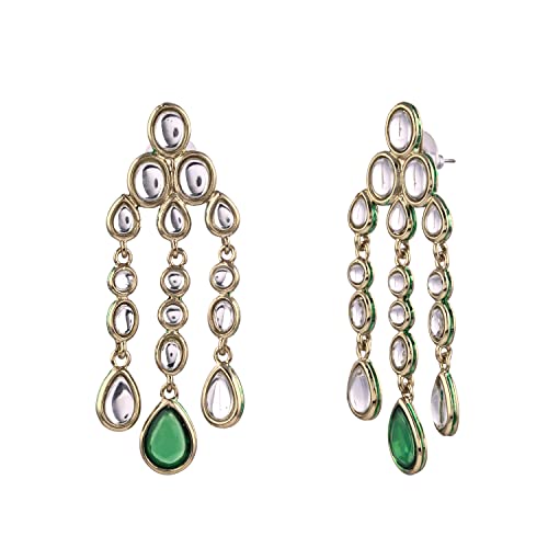 Estele Traditional Long Kundan Chandelier Earrings with green stone for women - Image 6