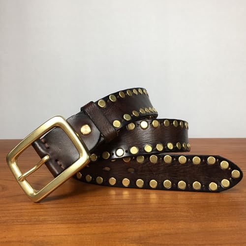 Mens Studded Belt, Punk Leather Casual Adjustable Rivet Cowhide Belt for Men with Brass Metal Pin Buckle,Brown,100CM/39.4''3
