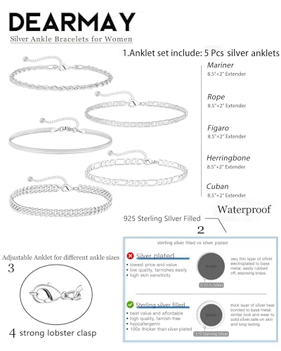Image of DEARMAY 14K Gold Plated Ankle Bracelets for Women Waterproof - Dainty 6Pcs Anklets Layered Cuban Link Chain Herringbone Cute Anklets Set Pack Summer Beach Jewelry Gift for Women Teen
