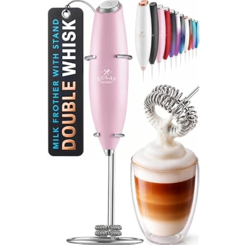 Zulay Kitchen Powerful Double Whisk Milk Frother Handheld - Foam Maker With Stand - Whisk Drink Mixer for Coffee, Mini Foamer for Latte, Matcha, Frappe, Hot Chocolate & Cappuccino - Magnetic Pink