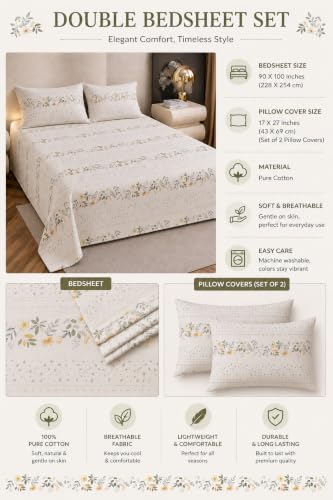 Image of Amazon Brand - Umi Affordable Soft Cotton Bedsheet for King Size Bed | 90x100 Inch | 160 TC | Elegant Design with Pillow Covers | Breathable Sheet