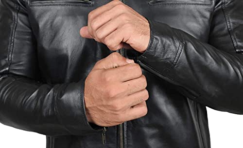Image of Blingsoul Leather Jacket Men - Real Lambskin Cafe Racer Motorcycle Style Jacket for Mens