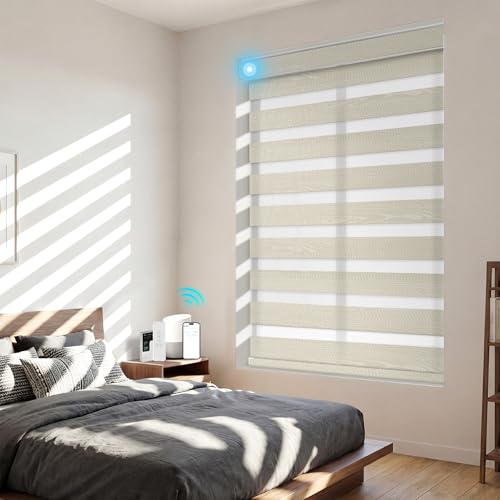 BERISSA Motorized Zebra Blinds with Remote,Smart Zebra Blinds for Indoor Windows with Voice,APP Control,Linen Rechargeable Electric Window Shades for Home,Office,BW-Beige,Custom Size