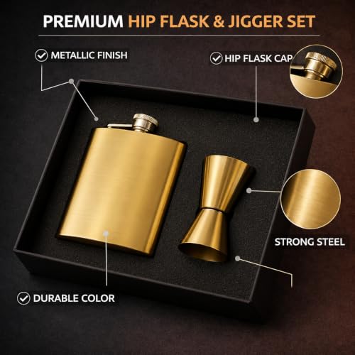 Image of Hip Flask with Peg Messurer Wine Flask Gift Set for Men & Women Stainless Steel (60ML+30ML Peg Messurer + Whiskey Flask) (Golden)