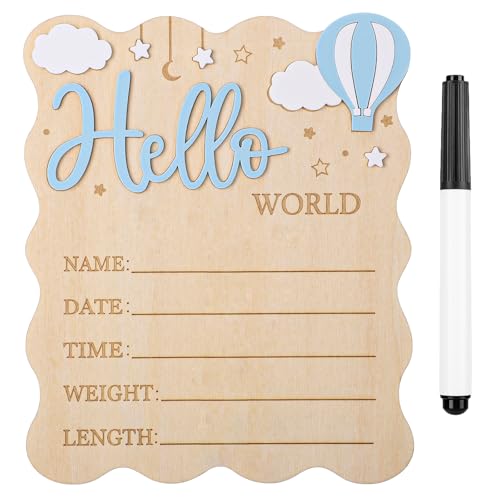 Image of Baby Announcement Sign,Wooden Hello World Newborn Signs Birth Announcement Sign and Pen for Baby Shower Hospital Nursery Newborn Boys and Girls (Blue)