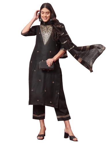 Image of VredeVogel Women's Cotton Blend Kurta Pant Set with Chanderi Silk Embroidery Dupatta