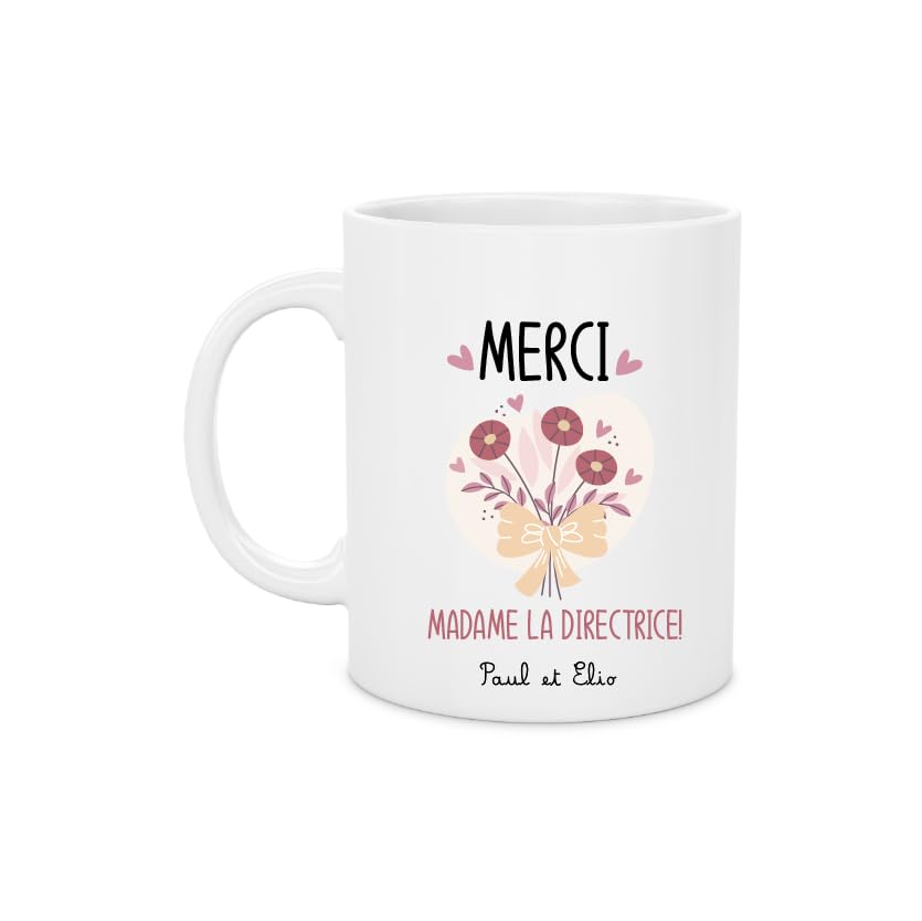 Mug Céramique Merci Madame la Directrice – Personnalisé avec Prénom(s) Enfant(s) – Fleurs Roses – Cadeau Fin d’Année Scolaire – 330 ml
