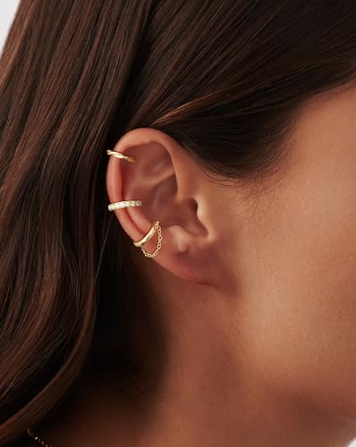 Picuzzy Gold Ear Cuffs Earrings for Women Non Piercing, 14k Gold Plated Cuff Earrings for Women Trendy Stack Stackable Hypoallergenic Dainty Cubic Zirconia Cartilage Hoop Chain Earring Jewelry Set
