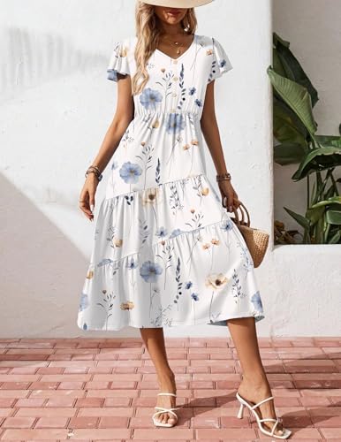 Image of Zeagoo Women's Summer Casual Dress Flutter Short Sleeve V Neck Button Down Tiered Flowy Long Dress with Pockets