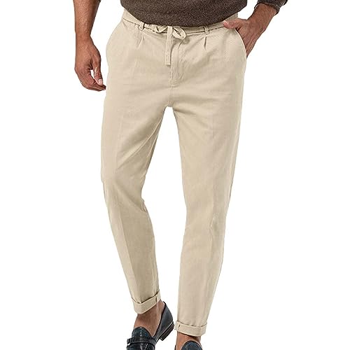 Pantalones cargo para hombre, pierna recta, con cordón, pierna ancha, ajuste holgado, pantalones de playa, ligeros, de secado rápido, con puños elásticos, pantalones de lino con bolsillos, beige, S