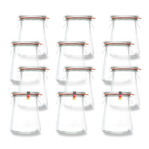 BAUER Flaschenbauer - Lot de 12 bocaux trapézoïdaux de 280 ml - Convient comme bocal de conservation et de fermentation - Pour le rangement, à remplir - Verres vides avec étrier métallique - Fabriqué