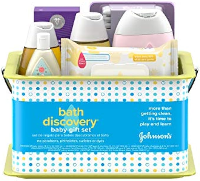 Johnson's Bath Discovery Gift Set for Parents-to-Be, Caddy with Baby Bath Time & Skin Care Essentials, Bath Kit Includes Baby Body Wash, Shampoo, Wipes, Lotion & Diaper Rash Cream, 7 Items