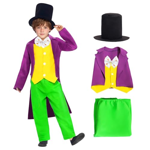 Suffolly Wonka - Disfraz de fábrica de chocolate, disfraces del Día Mundial del Libro para niños, 4 piezas, traje de Wonka con sombrero, pajarita, pantalones falsos de dos piezas, disfraces para el