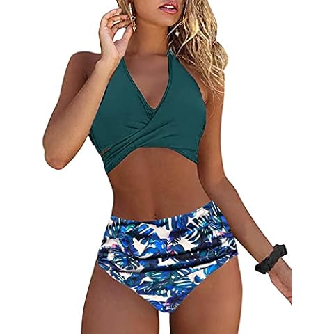 Yutdeng Bikinis Mujer Push Up Halter Traje de Baño Dos Piezas Cintura Alta Reductores Bikini Conjunto Bañador Acolchado Bra Tops y Bragas de Swimwear Talla Grande Cover