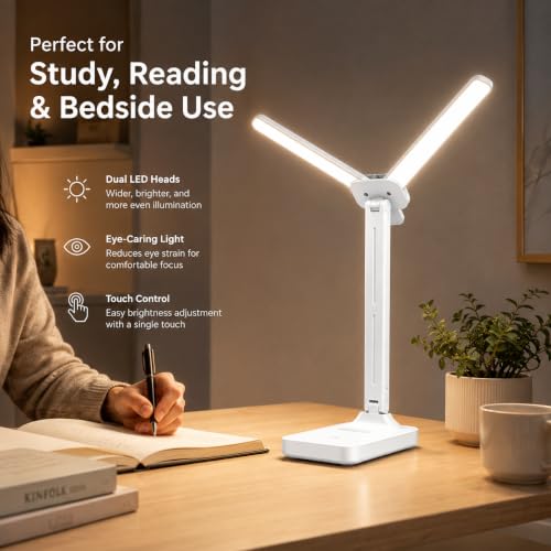 Image of One94Store Dual Head Rechargeable LED Table Lamp | 4.8W Power | 1200mAh Battery | Touch Control Dimmable Desk Light with Multiple Color Modes | USB Type-C Charging | 25.5 cm | White