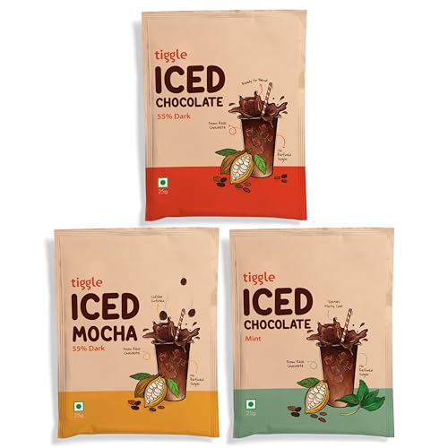 Image of Tiggle Assorted Iced Chocolate Mix - Summer Special (4 Sachets Each) | Smooth & Chocolatey | 55% Dark, Mocha & Mint | Cold Chocolate Powder for Milkshakes | Ready in 10 Seconds | No Refined Sugar | Best Served Cold