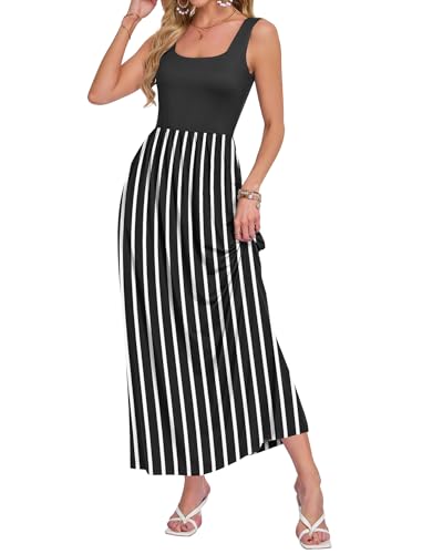 AUSELILY Women's Summer Maxi Dress Square Neck Sleeveless Floral Loose Long Hawaiian Beach Vacation Dresses with Pockets Black White Stripes L - image 4