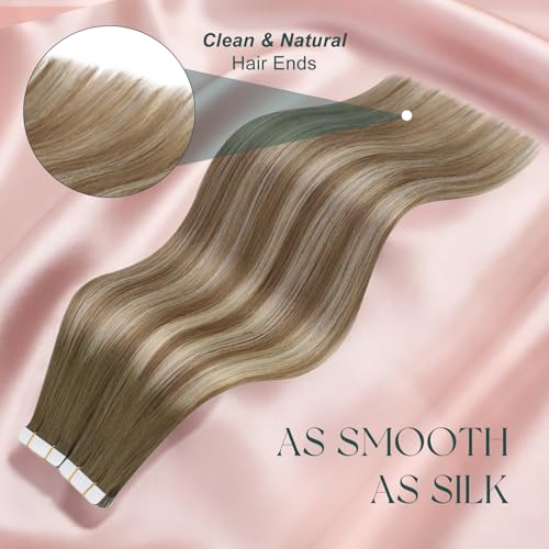 Image of Easyouth Human Hair Extensions Tape in Balayage 20In Tape in Hair Extension Human Hair Dark Brown Ombre Brown Mix Blonde, Blend Seamlessly with Your Own Hair, Soft Hair Extension Tape in 20pcs 50g