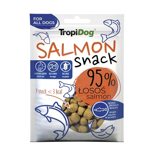 Snack per cani monoproteici con il 95% di salmone, senza cereali e conservanti, ideale per l'addestramento e l'igiene orale - TropiDog Snack Salmon 70g