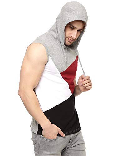 Image of GRITSTONES Men's Cotton Hooded Sleeveless Grey Melange /Black Cotton T-Shirt