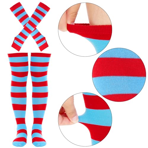 Image of Tongcloud Women's Striped Knee High Socks, Over Knee Thigh High Socks, Arm Warmer and Fingerless Gloves Set