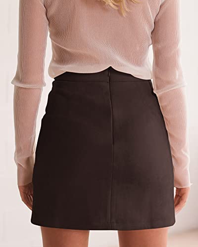 Image of MANGOPOP Women's Classic High Waist Lace Up Bodycon Faux Suede A Line Mini Pencil Skirt (Coffee, Small)