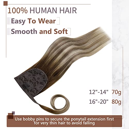 RUNATURE Ombre Ponytail Hair Extensions Real Hair Brown to Medium Blonde Clip in Ponytail Extension Human Hair Balayage Ponytail Extensions 20 Inch 80g - Image 3