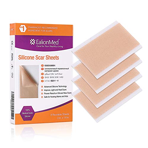 EalionMed Silicone Scar Sheets, Scar Away, Scar Removal Treatment for Hypertrophic Scar, Keloid Scar, C-section scar, Surgery Scar, Burn Scars, Acne Scars Treatment, 3'' x 1.6'' 8 Sheets Pack