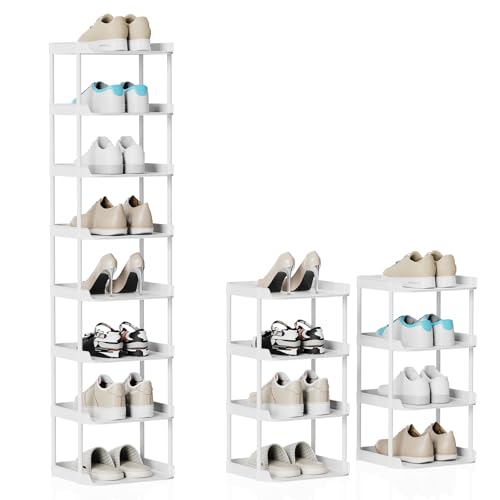 SZSHYNJ 8 Tier Tall Narrow Shoe rack Vertical Single Shoerack for Slim Spaces Plastic Corner Show Shelf Stackable Thin Shoes Storage Organiser for Hallway Bedroom Stairs Entryway White