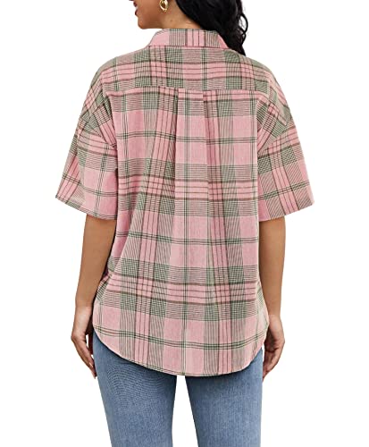 Women's Plaid Short Sleeve Shirts Button Down Shirt Boyfriend Casual Summer Blouse Tops Pink #TOP3