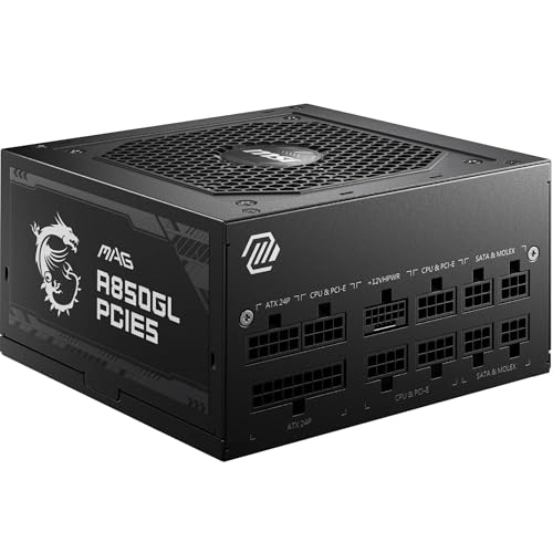 MSI MAG A850GL PCIE5 Netzteil, 850W, 80 Plus Gold, voll modular, ATX 3.0, unterstützt PCIe 5.0 GPU, 120mm FDB Lüfter mit dynamischen Kugellager, Full-Bridge LLC, Schwarze Flackkabel - 7 Jahre Garantie