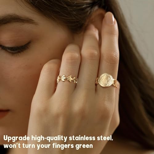 Besteel 18K Gold Plated Rings for Women, Stainless Steel Statement Rings Pack Stacking Boho Midi Rings Adjustable Open Ring Band Twisted Signet Rings Non Tarnish Gold Rings3