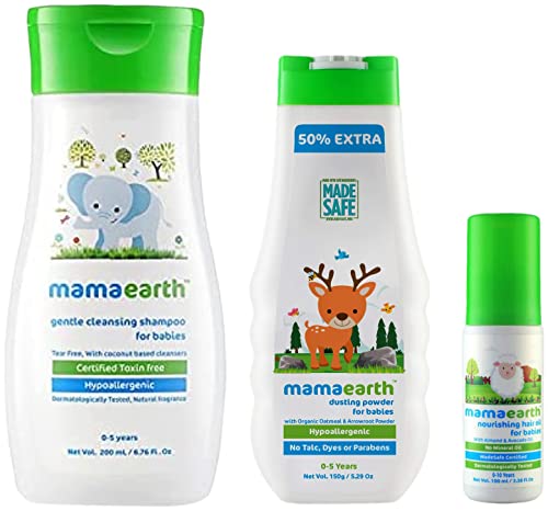 Image of Mamaearth Nourishing Hair Oil for Babies 100ml (0-10 Years) & Gentle Cleansing Shampoo for Babies (200 ml, 0-5 Yrs) & dusting Powder with Organic Oatmeal & Arrowroot Powder 150g Combo