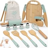 Wooden Kids Cooking Set Montessori Kit - Real Toddler Kitchen Tools & Baking Utensils - 15PCS Cooking Kit for Kids with Storage Bag, Great Gift for Pretend Play & Montessori Learning (Green)