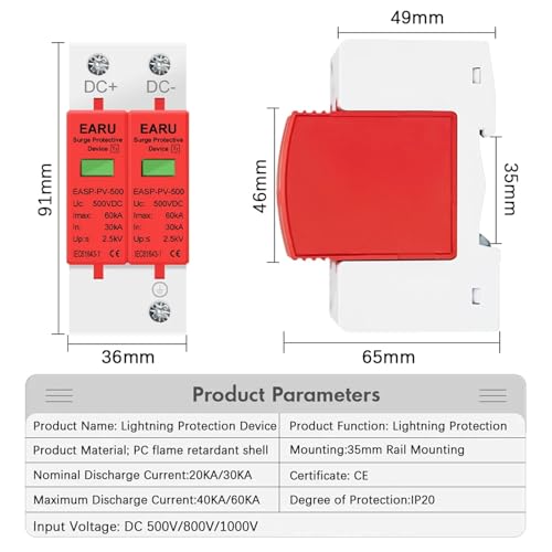 Pararrayos baja tensión 2P CC 1000V para protección contra sobretensiones domésticas 3