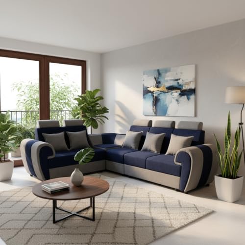 Image of APRODZ Wooden Sofa Set 6 Seater for Living Room, Solid Wood L Shape Sectional Sofa with Velvet Fabric Upholstery, Cushioned Seating for Home, Office & Lounge, Blue & Light Grey